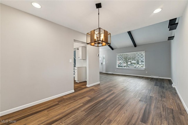 interior space with an inviting chandelier, baseboards, and dark wood-style flooring