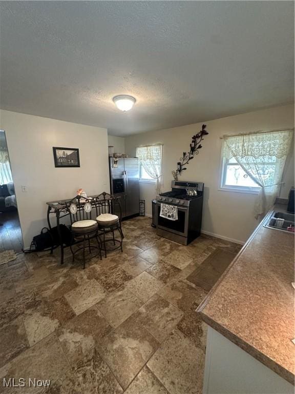 dining room with a healthy amount of sunlight, baseboards, and a textured ceiling