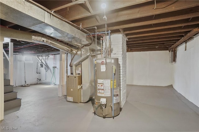 unfinished basement featuring water heater, heating unit, and stairs