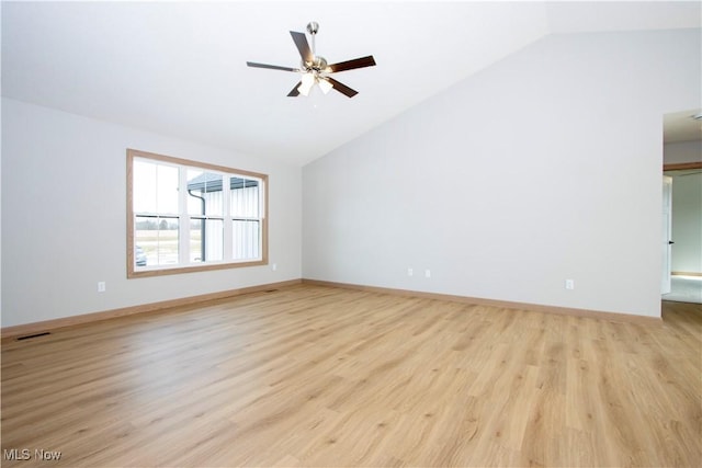 spare room with visible vents, ceiling fan, light wood-style flooring, and baseboards