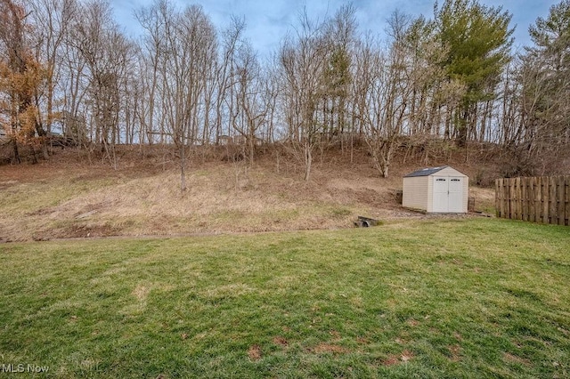 view of yard featuring fence, a storage unit, and an outdoor structure