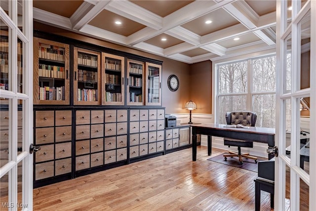 office area featuring wainscoting, coffered ceiling, beamed ceiling, and hardwood / wood-style floors