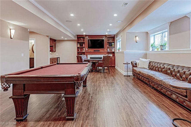 game room featuring recessed lighting, pool table, wood finished floors, visible vents, and ornamental molding