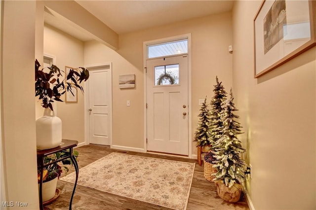 entryway featuring baseboards and wood finished floors