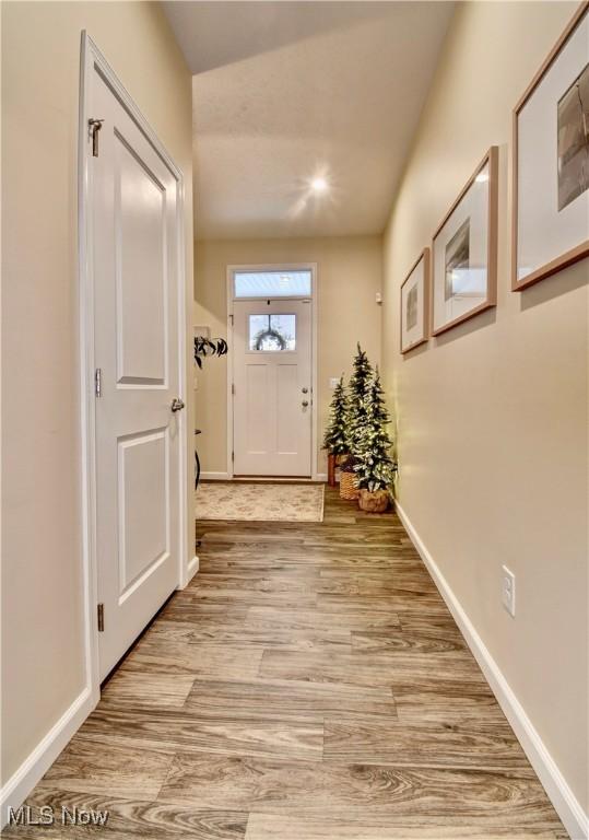 doorway to outside featuring baseboards and light wood-style floors