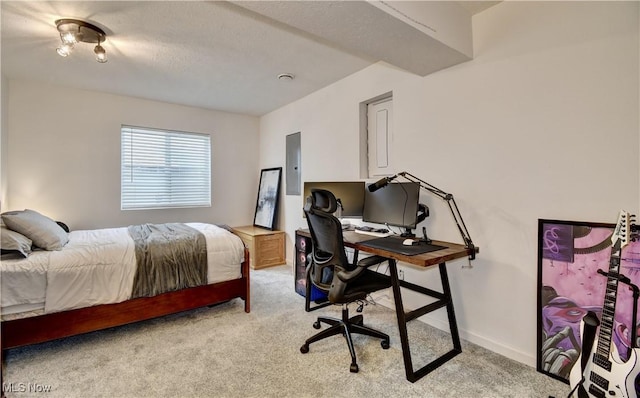 bedroom featuring electric panel, baseboards, and light carpet