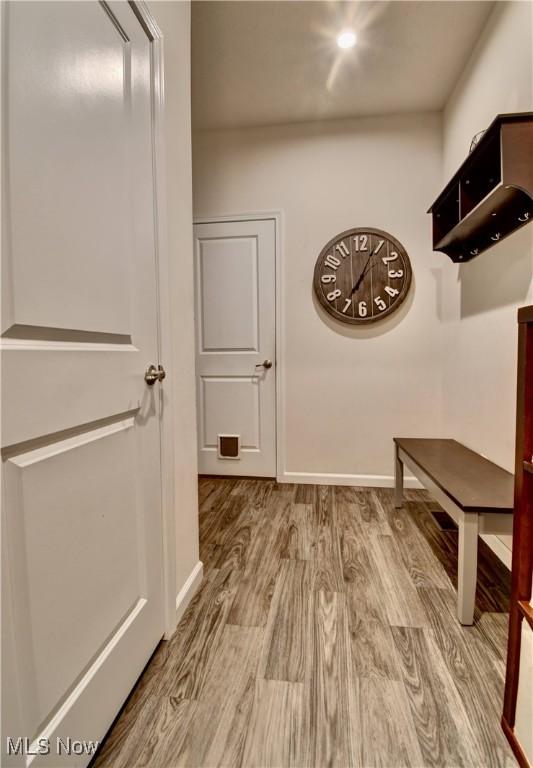 mudroom with baseboards and wood finished floors