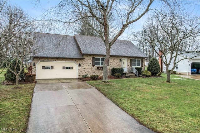 view of front of house featuring driveway, a garage, roof with shingles, a front lawn, and brick siding