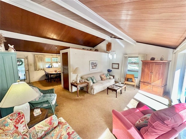 carpeted living area with wood ceiling and vaulted ceiling with beams