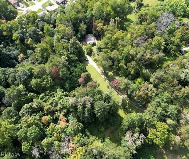 drone / aerial view with a wooded view