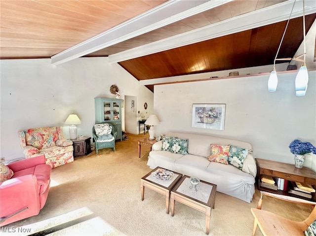 carpeted living room featuring lofted ceiling with beams and wooden ceiling