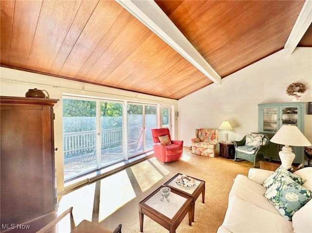 living room with wood ceiling, vaulted ceiling with beams, and carpet