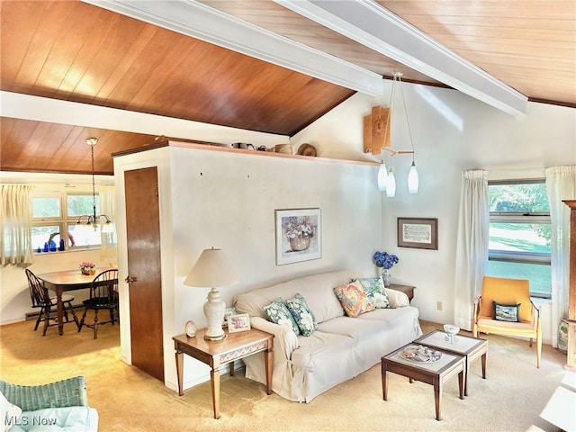 living room featuring vaulted ceiling with beams, carpet, and wood ceiling