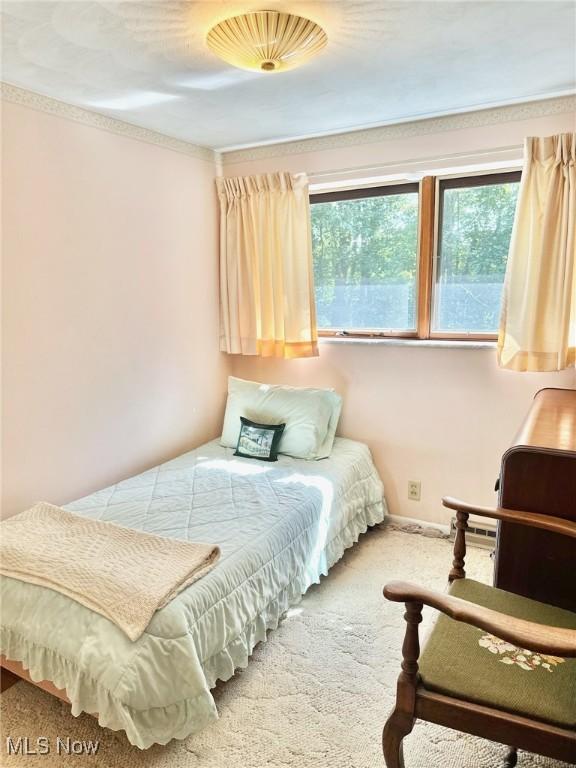 bedroom featuring ornamental molding and carpet flooring