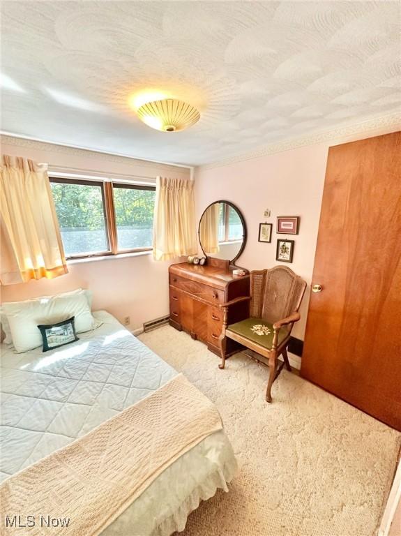 bedroom featuring a textured ceiling and light colored carpet