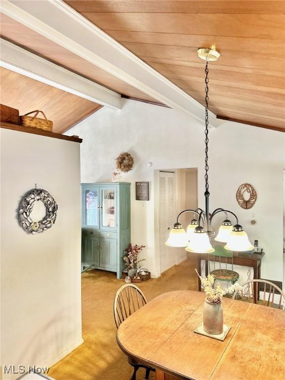 dining space with lofted ceiling with beams, wood ceiling, and carpet floors