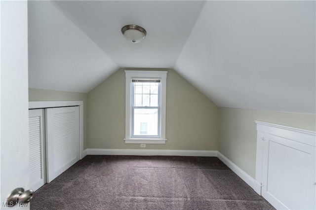 additional living space with carpet, baseboards, and vaulted ceiling