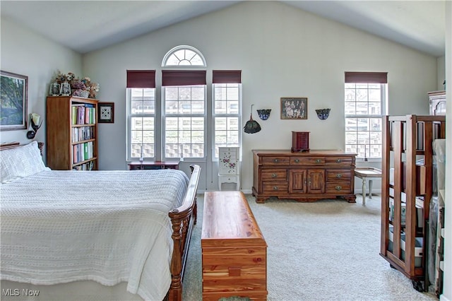 carpeted bedroom with lofted ceiling