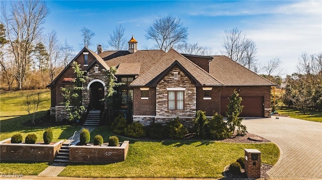 view of front facade featuring a garage, stone siding, decorative driveway, a front lawn, and brick siding