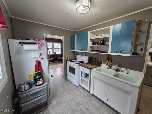 kitchen featuring refrigerator, blue cabinets, a sink, electric stove, and open shelves