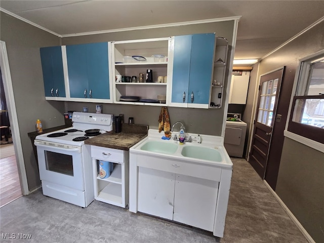 kitchen featuring white range with electric cooktop, washer / clothes dryer, blue cabinetry, open shelves, and a sink