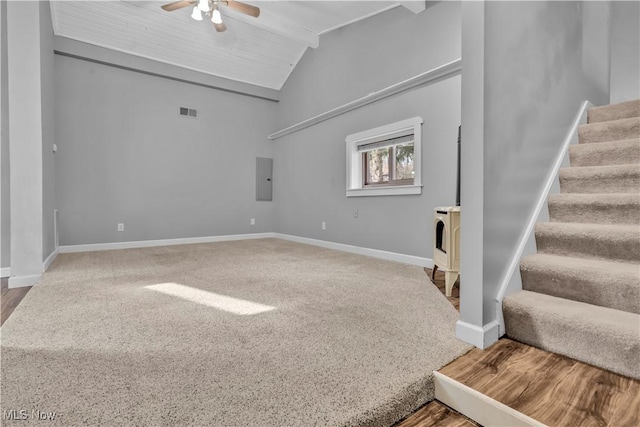 living room featuring ceiling fan, visible vents, baseboards, stairs, and electric panel