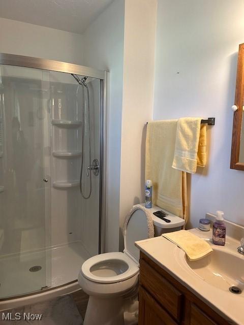 bathroom featuring a stall shower, vanity, and toilet