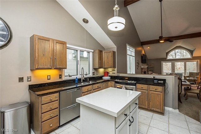 kitchen with a peninsula, a sink, stainless steel dishwasher, a center island, and brown cabinetry