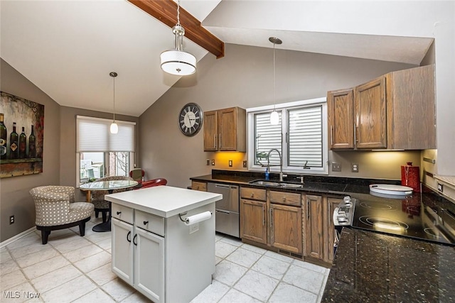 kitchen with vaulted ceiling with beams, stainless steel dishwasher, a wealth of natural light, and a sink