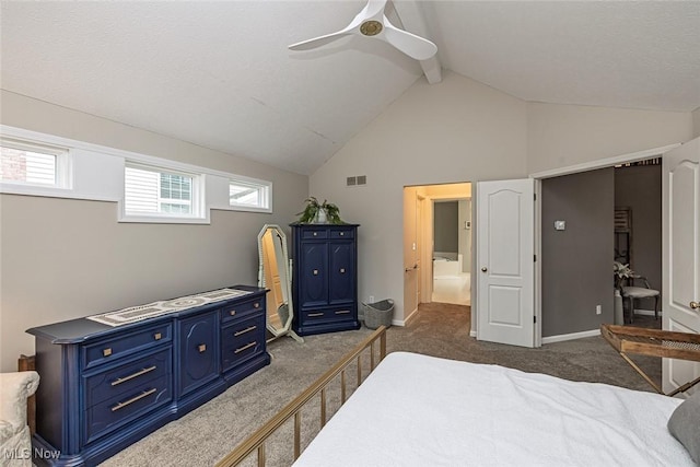 bedroom with lofted ceiling with beams, baseboards, visible vents, and dark carpet