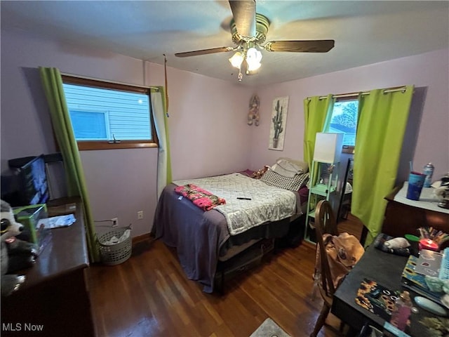 bedroom featuring ceiling fan and wood finished floors