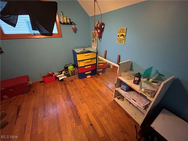 bedroom featuring lofted ceiling and wood finished floors