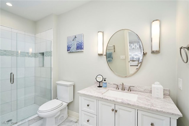 full bathroom featuring toilet, marble finish floor, vanity, and a stall shower