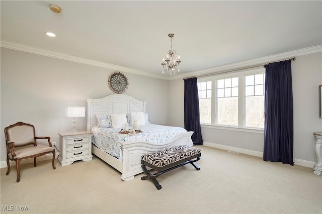 bedroom featuring ornamental molding, light carpet, a notable chandelier, and baseboards