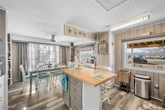 kitchen with wooden counters, wooden walls, light wood-style flooring, and a healthy amount of sunlight