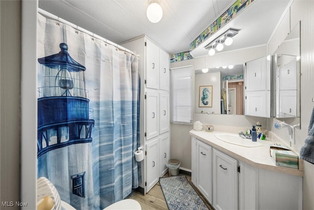 bathroom with a shower with shower curtain, wood finished floors, and vanity