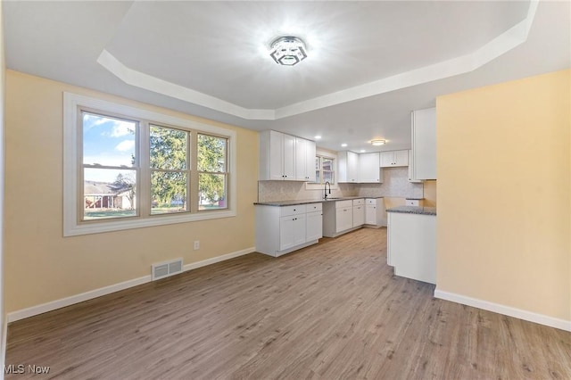 kitchen featuring light wood-style flooring, visible vents, baseboards, backsplash, and a raised ceiling