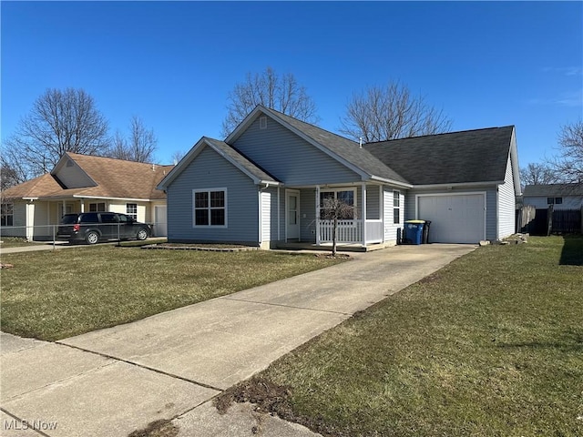 view of front of home featuring an attached garage, a front lawn, a porch, and concrete driveway