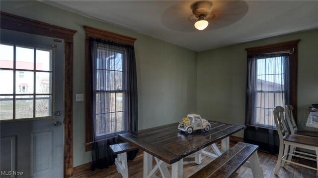 dining area with a healthy amount of sunlight, ceiling fan, baseboards, and wood finished floors