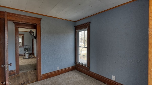 carpeted empty room featuring baseboards, crown molding, and a textured wall