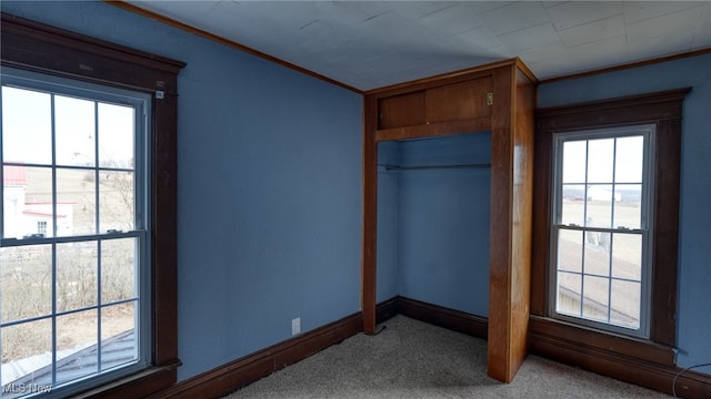 unfurnished bedroom with baseboards, multiple windows, carpet, and crown molding