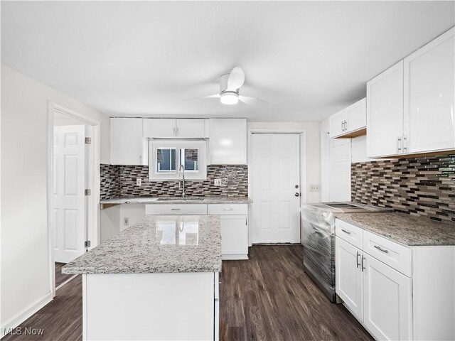 kitchen with tasteful backsplash, white cabinetry, dark wood finished floors, and a sink