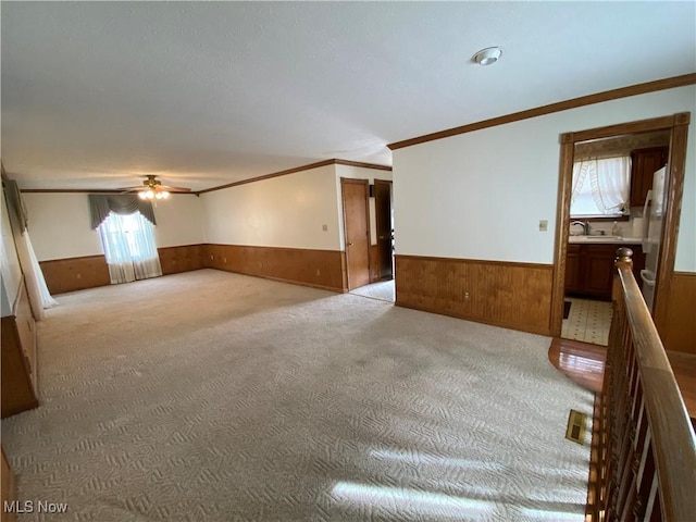 spare room featuring wooden walls, a sink, a ceiling fan, wainscoting, and crown molding