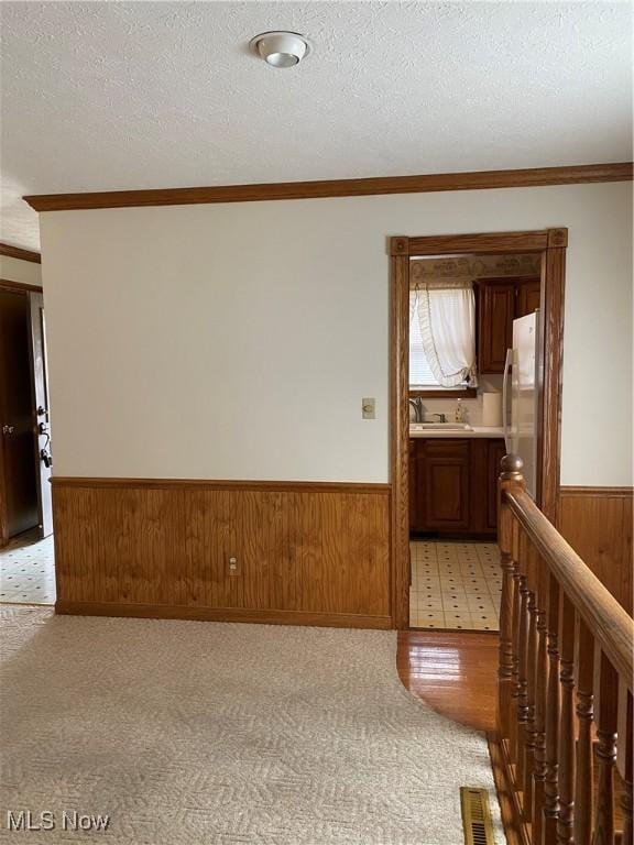 empty room with a sink, a textured ceiling, and wainscoting