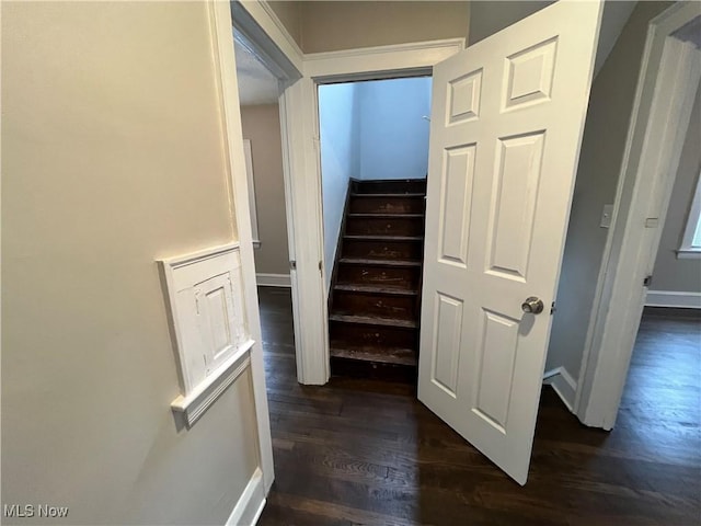 stairway with wood finished floors and baseboards