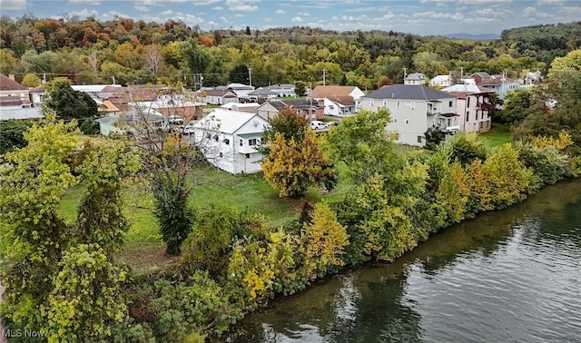 bird's eye view with a water view and a forest view