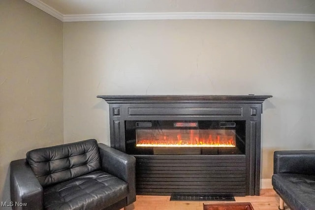 room details with wood finished floors, crown molding, and a glass covered fireplace