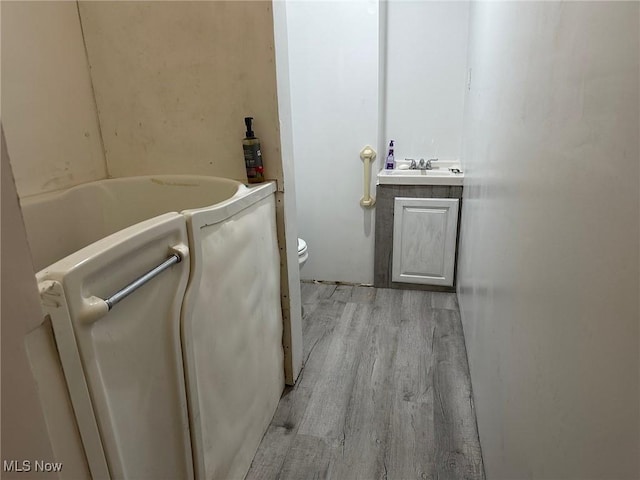 bathroom with vanity, toilet, and wood finished floors