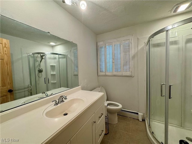 bathroom with a stall shower, a baseboard radiator, tile patterned flooring, and visible vents