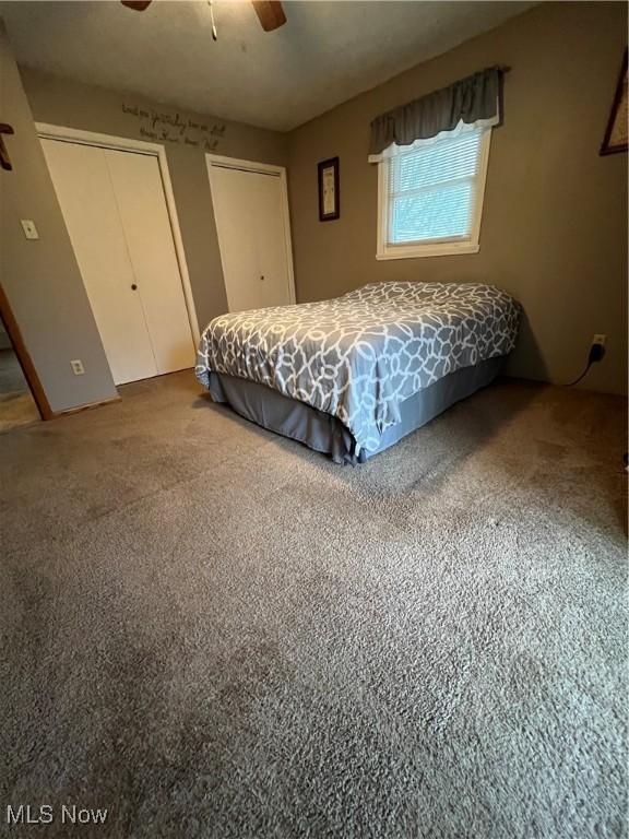 bedroom with carpet floors, a ceiling fan, and multiple closets